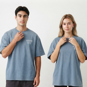 เสื้อยืดโอเวอร์ไซส์สีน้ำเงินสเลท ดีไซน์หรูหรา คุณภาพสูง สำหรับผู้หญิงและผู้ชาย คอกลม แขนสั้น ไหล่ตก สวมใส่สบายๆ - Product Image 4