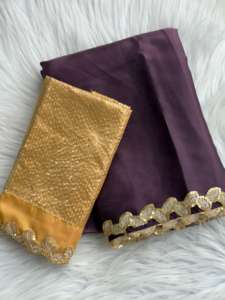 Sari indien en soie satinée avec dentelle brodée de sequins, séchage rapide, toutes saisons, pour fêtes et mariages - Product Image 2