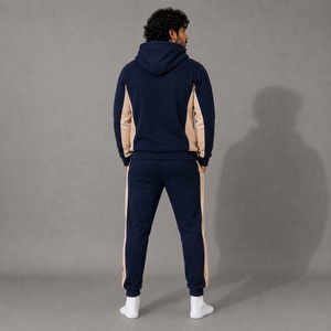 Ensemble de survêtement unisexe épais imprimé bleu foncé et beige, avec sweat à capuche color block et pantalon de jogging à rayures latérales pour - Product Image 3