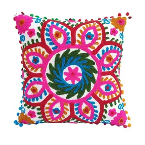 indian embroidered round suzani indian cushion cover handmade cotton wool design pillow case cover home