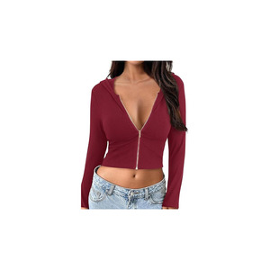 Women’s Sexy <b>Crop</b> Hoodie Jacket Ribbed <b>Zip</b>-<b>Up</b> Slim Fit Long Sleeve Clubwear Top for women - Product Image 3