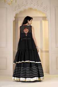 Black Geometric Embroidered Cotton Vintage Floor-Length <b>Lehenga</b> Choli Dress Traditional Sleeveless Square Neck <b>Top</b> Flared Volume - Product Image 3