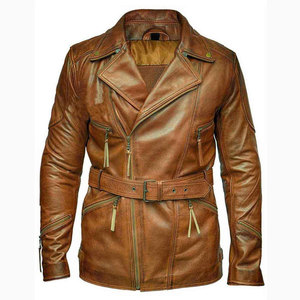 <b>Men's</b> Brown Genuine Cowhide <b>Leather</b> Motorcycle <b>Jacket</b> With Belt And Zipper Closure Turn-down Collar Regular Fit - Product Image 1