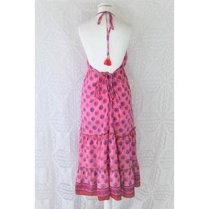 Boho Pink Halter Maxi <b>Dress</b> for Women Long Sleeve Plain Dyed Modern Eco-Friendly Beach Vacation Sundress with Tiered Ruffle Hem - Product Image 4