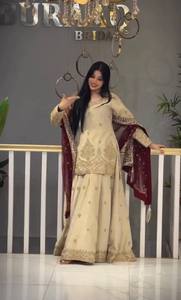 <b>Women</b> Cream Embroidered <b>Kurta</b> Set with Maroon Dupatta Palazzo Salwar Suit Wedding Ethnic Wear - Product Image 3