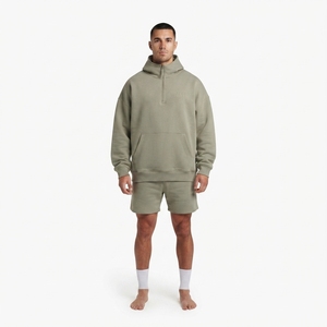 Sudadera con capucha extragrande de manga larga con cremallera de un cuarto, de mezcla de algodón, color verde salvia, con logo personalizado - Product Image 1