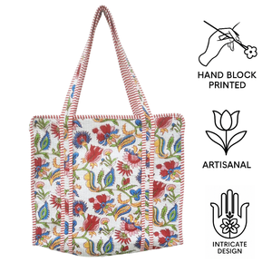 Sac fourre-tout bohème multicolore en coton matelassé, sac de plage et de voyage, sac de shopping en coton imprimé à la main en gros, motif floral 14x16 pouces - Product Image 4