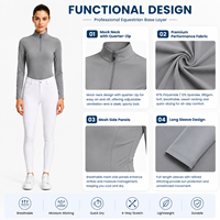 Haut de sport gris pour femme, col montant zippé, respirant, anti-humidité, avec empiècements en mesh, manches longues, pour l'équitation et l'entraînement
