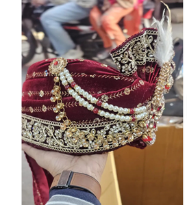 Royal Maroon Velvet Groom Turban with Embroidery Indian Wedding Pagdi 55cm for Men - Product Image 1