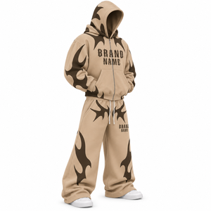 Ensemble de survêtement oversize personnalisé Y2K avec imprimé flamme, sweat à capuche zippé et pantalon de survêtement large, couleur unie, streetwear personnalisé - Product Image 3