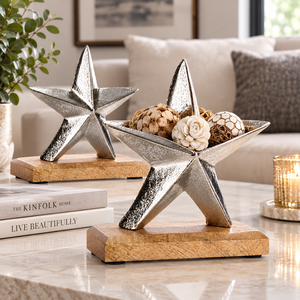 Juego de 2 esculturas de estrellas plateadas, decoración de metal hecha a mano sobre base de madera, adorno geométrico moderno para mesa de salón, Navidad - Product Image 4