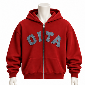 <b>Red</b> Mens Zip Up <b>Hoodie</b> Heavyweight Fleece Chenille Letter Applique Oversized Casual Streetwear Sweatshirt with Kangaroo Pockets - Product Image 1