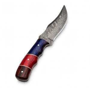 Couteau utilitaire robuste d'extérieur à double tonalité bleu-rouge personnalisé avec manche en bois et lame en acier Damas fixe - Product Image 1