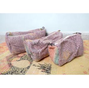 For <b>Bag</b> Cotton Kantha Tassel Zipper Closure Eco-Friendly Indian Handmade Cosmetic Pouch for Women - Product Image 3