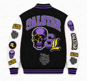 Veste universitaire personnalisée pour homme, veste bomber de baseball noire et violette avec broderie de crâne | Fabricant en gros OEM/ODM - Product Image 2