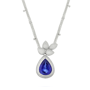 Collier de luxe pour femme avec pendentif saphir, plaqué or 18 carats et rhodium, serti de diamants en forme de goutte d'eau, chaîne serpent - Product Image 1