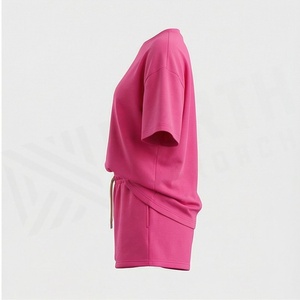 Conjunto de 2 Piezas para Mujer, Tejido, Color Rosa Sólido, Cuello Redondo, Manga Corta, Corte Holgado, Casual, Por Encima de la Rodilla, Transpirable, para Uso Diario - Product Image 3