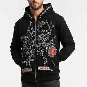 Sweat-shirt à capuche zippé noir pour homme, le plus vendu, avec imprimé dragon en strass, coupe décontractée, poches, idéal pour l'automne - Product Image 1