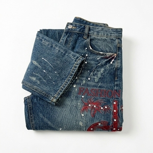 Pantalon en jean pour homme style américain, orné de strass, motif graphique tie-dye, coupe droite ample, style urbain - Product Image 5