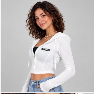 OEM Lightweight Breathable <b>White</b> Ribbed <b>Women</b> Zipper <b>Hoodie</b> Crop Top Full Zip Cotton Clothing Top Selling Streetwear - Product Image 3