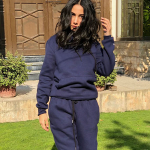 Ensemble de survêtement bleu marine à capuche pour femme, manches longues, taille à cordon, couleur unie, tenue décontractée pour l'automne - Product Image 4