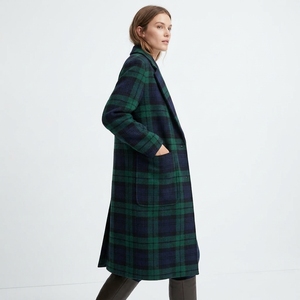 Green Plaid Wool <b>Trench</b> <b>Coat</b> Long Notched Lapel Single Button Casual Winter Women's Outerwear - Product Image 5
