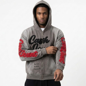 Sudadera con capucha de forro polar con cremallera, bordado personalizado a color, efecto desgastado por el sol, estilo invernal, cuello con capucha, patrón liso, venta al por mayor, nueva llegada - Product Image 2