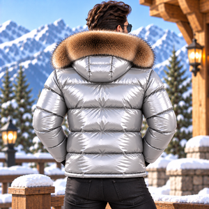 Abrigo Acolchado de Cuero Brillante para Hombre con Capucha con Ribete de Piel de Zorro |   Piumino Lucido para Hombre |   Chaqueta Brillante |   Doudoune Brillante - Product Image 6