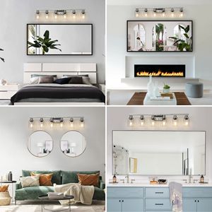 Lampadario Moderno da Bagno da 37 Pollici, 6 Luci, Finitura Nichel Spazzolato con Paralumi in Vetro Trasparente - Product Image 6