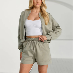 Ensemble d'été pour femme Dusky Sage : veste bomber courte et short, ensemble 2 pièces d'été pour femme, fermeture éclair intégrale, coutures surélevées, ensemble short pour femme - Product Image 1