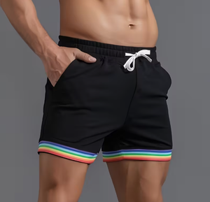 Men s Black Quick Dry Drawstring Shorts With Rainbow Trim <b>Elastic</b> Waist Casual Sport Style Short Length Solid Color - Product Image 4