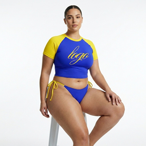 Blue Yellow Raglan Sleeve Crop <b>Top</b> Print Knitted Polyester Women's 2 Piece Swimwear Set Thongs Front Eco-Friendly Waist Detail - Product Image 1