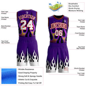 Custom White Purple <b>Flame</b> for Basketball Uniform Set Recycled Polyester OEM Sublimation Anti-Bacterial Unisex Team Jersey Shorts - Product Image 2