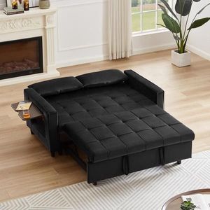 Sofá Reclinable Moderno de Terciopelo Negro con Cama Extraíble, Convertible en Sofá Cama, Mesa Auxiliar, Respaldo Ajustable, 2 Almohadas Lumbares - Product Image 4