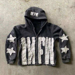 Custom Vintage Red Full Zip Hoodie Men Oversized Washed Distressed Star Patch Applique Heavyweight Fleece Streetwear Hoodie - Product Image 2