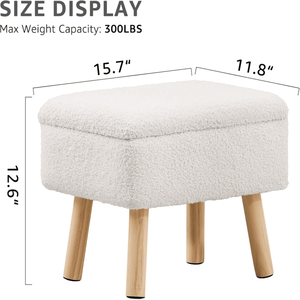 Pouf Contenitore Rettangolare Bianco con Rivestimento in Tessuto Teddy, Gambe in Legno Massello, Poggiapiedi per Ingresso - Product Image 3
