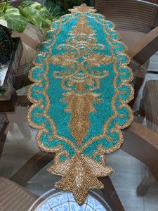 Luxury Embroidered Floral <b>Table</b> <b>Runner</b> <b>Teal</b> Gold Beaded Home Decor Washable - Product Image 5