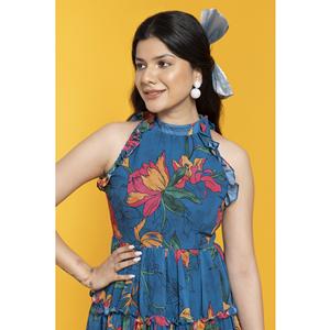 Vestido Largo Elegante con Estampado de Loto Azul, Diseño Único, Corte Holgado Informal, Disponible a Precio de Fábrica - Product Image 5