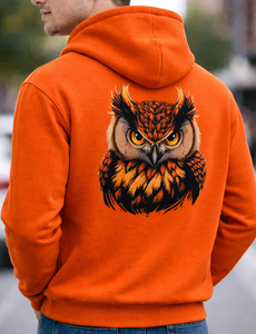Sweat à capuche orange personnalisé pour hommes |   Sweat à capuche en molleton épais avec logo frontal et grand imprimé hibou au dos |   Sweat-shirt OEM - Product Image 1