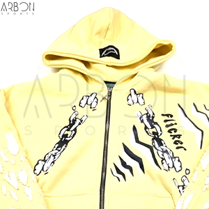 Excellent Fournisseur – Nouveauté : Sweat à Capuche Homme Style Urbain Jaune avec Fermeture Éclair Intégrale, Détails Manches Effet Vieilli et Motif Chaîne – Streetwear - Product Image 4