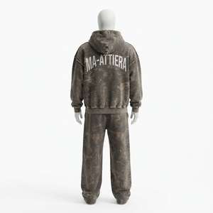 Conjunto de Sudadera con Capucha y Pantalones Deportivos para Hombre, Color Marrón Grisáceo, Estampado Botánico, Cierre de Cremallera, Corte Holgado, Estilo Urbano, Personalizable OEM ODM, Venta al Por Mayor - Product Image 4