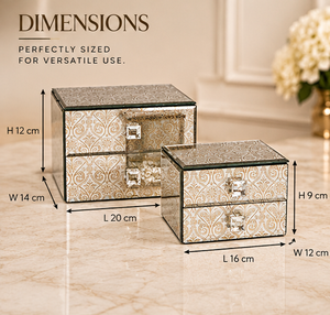 <b>Antique</b> Ivory <b>Mirrored</b> Glass Jewelry Storage Box Set <b>with</b> Ornate Pattern Silver Latch Glossy Finish Decorative Keepsake Organize - Product Image 2