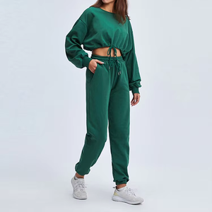 Women Navy Blue Cotton <b>Tracksuit</b> Set Crew Neck Long Sleeve Sweatshirt Jogger Pants With Drawstring And Side Pockets Casual - Product Image 2