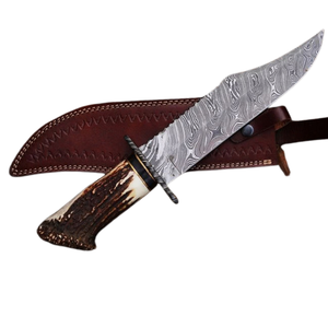 Silver Damascus Pattern Hunting Bowie Knife with Brown Antler Style Handle Fixed Blade <b>Outdoor</b> Camping Survival Knife with Metal - Product Image 2
