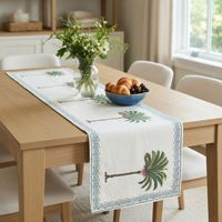 Nouveau design : Chemin de table en toile de coton beige imprimé palmiers, 33x120 cm, avec bordure bleue – Décoration intérieure classique à prix abordable