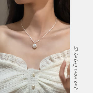 S925 Pure Silver 11-12mm Clover Freshwater <b>Edison</b> Pearl Pendant with Strong <b>Light</b> Round Collarbone Chain Accessory for Women - Product Image 2
