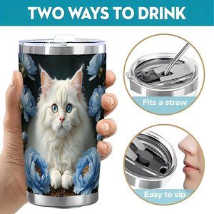 Stainless Steel Tumbler 20oz Double Wall Insulated Drinkware <b>Reusable</b> Eco Friendly Travel <b>Mug</b> With Cat And Blue Flowers Design - Product Image 5