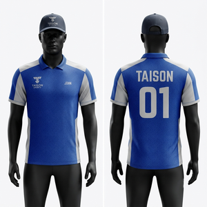 Maillot de golf pour homme en polyester interlock 160 GSM de qualité supérieure, bleu et blanc, avec panneau latéral sur l'épaule, logo personnalisé par sublimation - Product Image 1