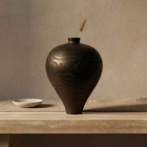 Carbonized Wood Grain Tabletop <b>Vase</b> Wabi-Sabi Style Retro Japandi Rustic Decorative Flower Vessel for Home Dining Room - Product Image 6