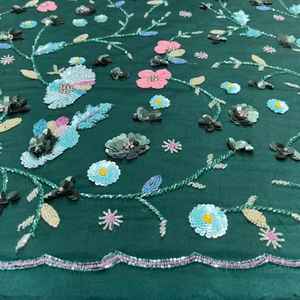 Tissu de broderie florale à perles et sequins lourds, dentelle de haute couture vert forêt premium pour robes de demoiselles d'honneur - Product Image 1